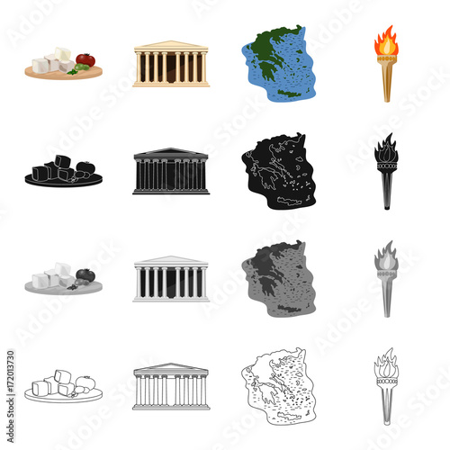 Greek feta cheese, Antique greek temple , the territory of Greece, a torch. Greece set collection icons in cartoon black monochrome outline style vector symbol stock illustration web.