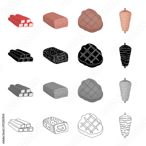 Crab sticks, meat roll, fried steak, kebab. Meat set collection icons in cartoon black monochrome outline style vector symbol stock illustration web.