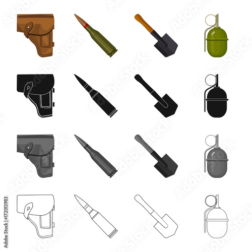 A holster of a pistol, a fighting cartridge, an army shovel, a hand grenade. The military and the army set collection icons in cartoon black monochrome outline style vector symbol stock illustration