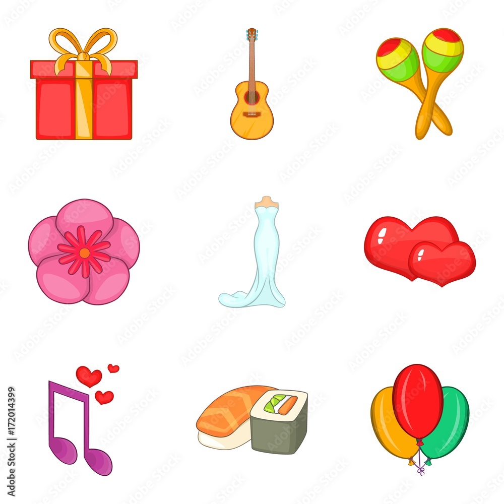 Musical gift icons set, cartoon style Musical gift icons set, cartoon style