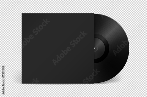 Realistic empty music gramophone vinyl LP record with cover icon closeup isolated on transparent background. Design template of retro long play for advertising, branding, mockup. Stock vector. EPS10.