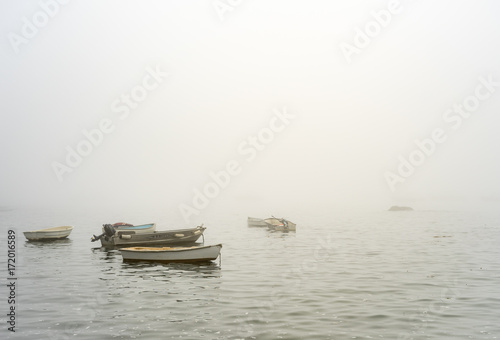 row boats in foggy ocean