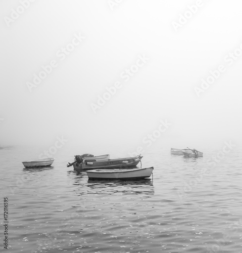 Row boats in foggy ocean black and white