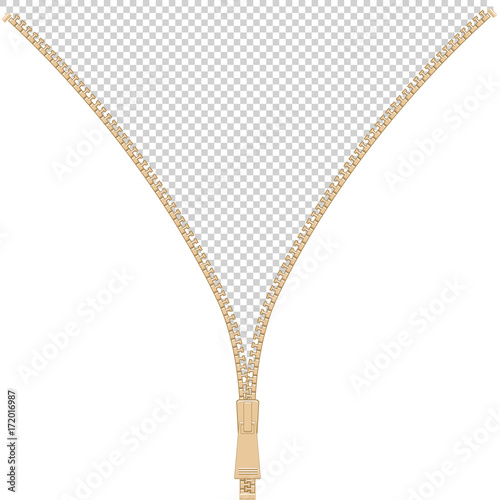Opened realistic gold zipper on transparent background