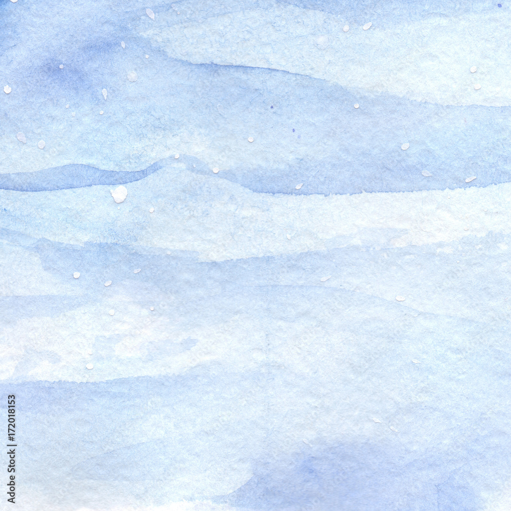 Watercolor light blue winter snow sky texture background