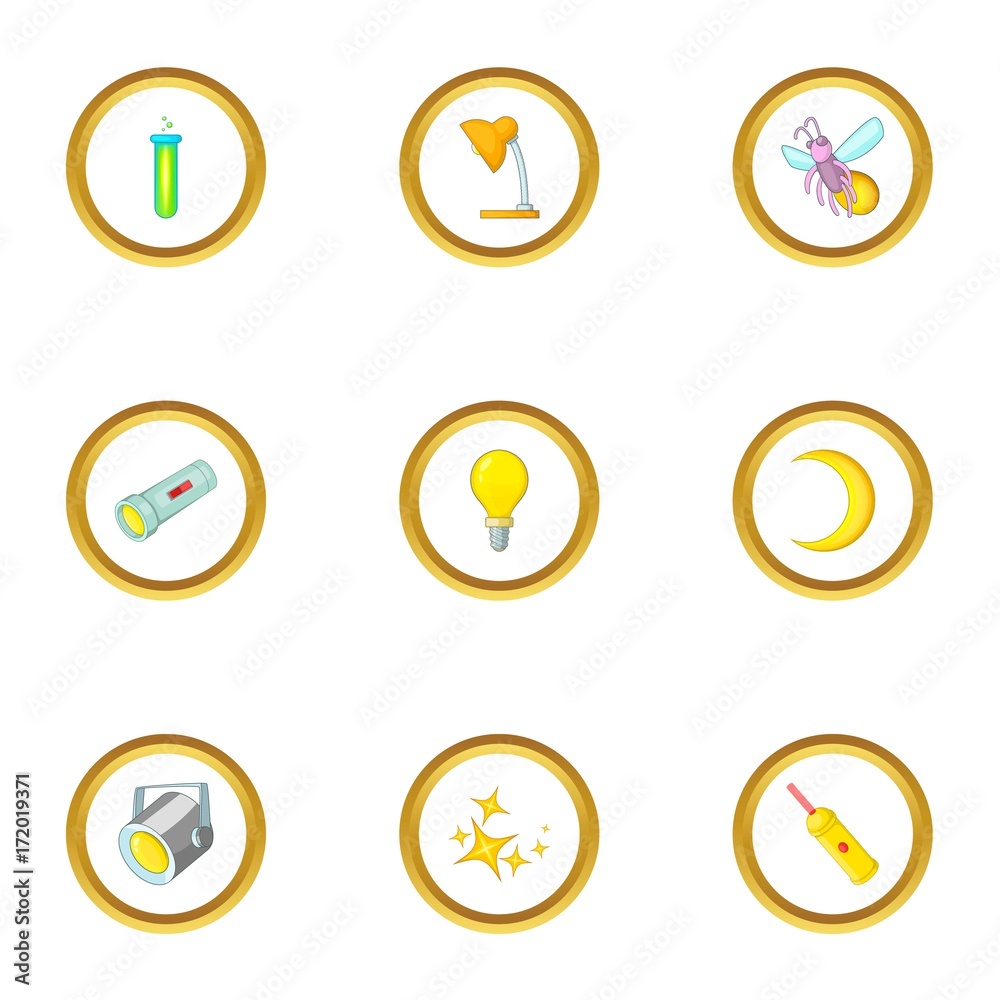 Sources of light icons set, cartoon style Sources of light icons set, cartoon style