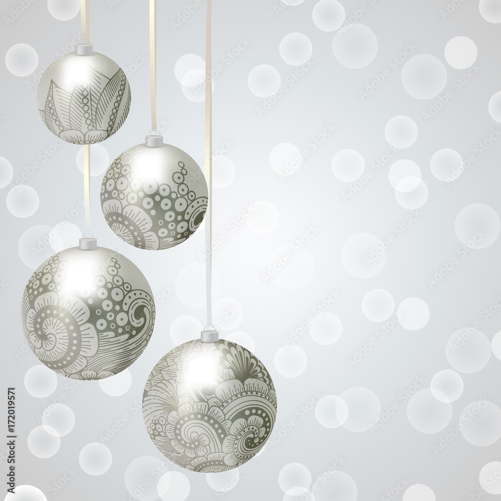 Christmas background with baubles on ribbons. Balls with abstract floral ornament for New Year and Christmas design. Bokeh. Vector illustration, template