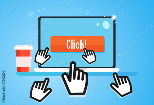 Clickbait. Cursors of the hand fly to the laptop, press the button. Digital Marketing