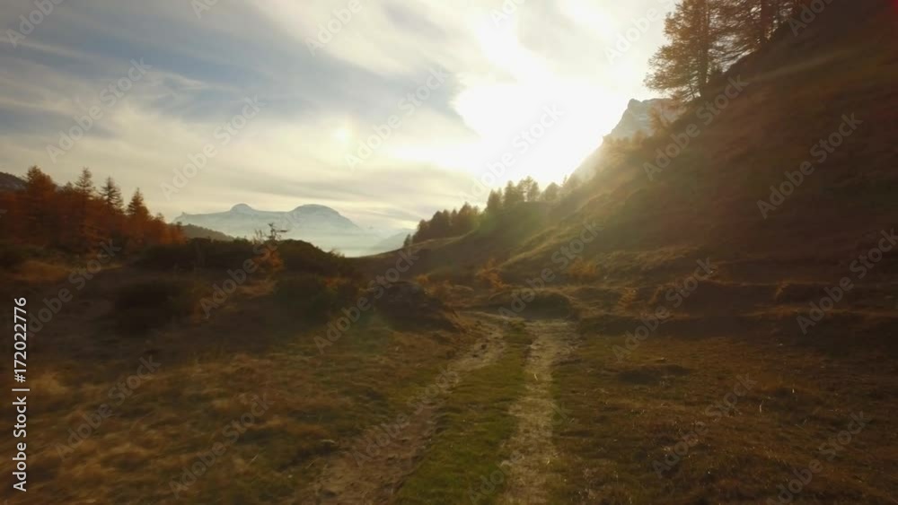 POV walking on fall path to woods, valley and snowy mounts at sunset with sun flare.Sunny autumn day Hiking in colorful red forest wild nature mountain outdoors.4k point of view establishing video
