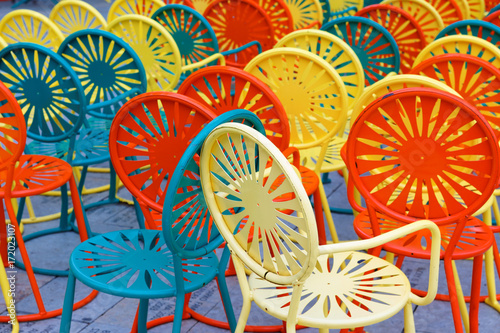 Colorful chairs at Memorial Union Terrace on the campus of the University of Wisconsin–Madison. The terrace a popular outdoor space overlooking Lake Mendota. photo