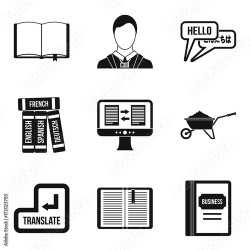 Translation book icons set, simple style