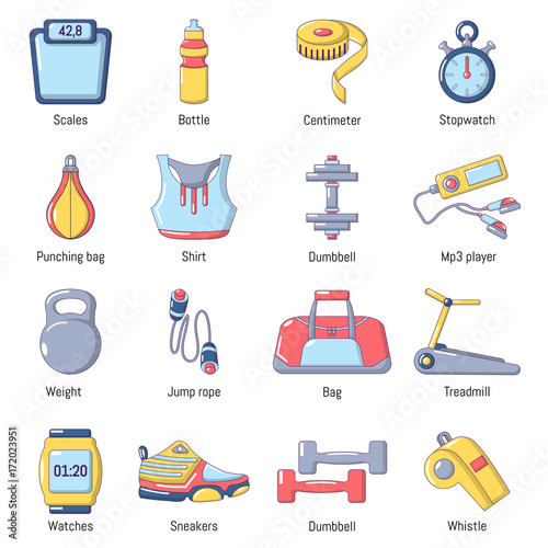 Gym sport icons set, cartoon style