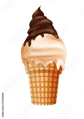 ice cream in a waffle horn and chocolate syrup. Vector illustration