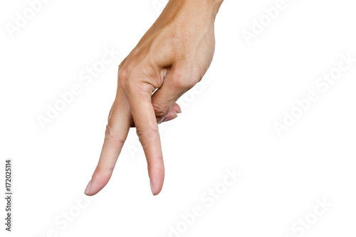 Two finger of hand like a walking on the floor isolated on white background. Clipping path. Body language. Hand gesture.