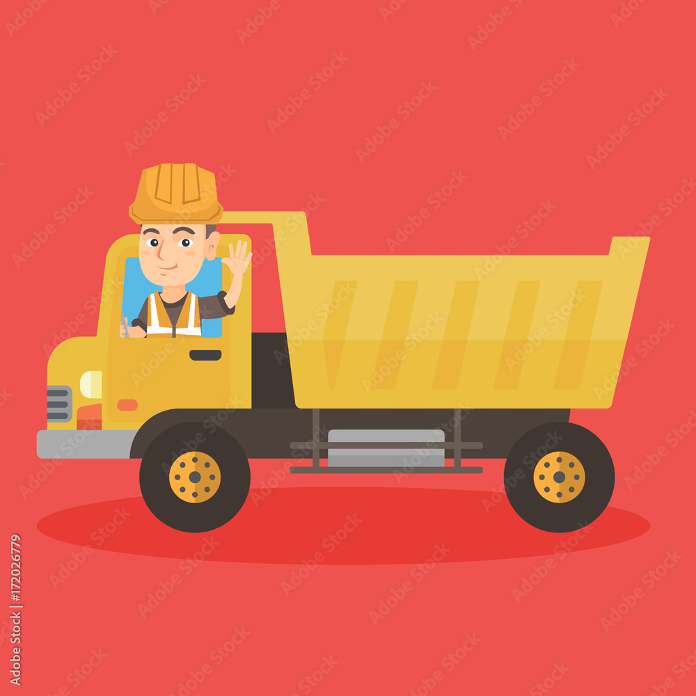 Little caucasian driver in protective hard hat and vest driving a dump truck. Young smiling boy dump truck driver in helmet sitting in the cab. Vector sketch cartoon illustration. Square layout. Little caucasian driver in protective hard hat and vest driving a dump truck. Young smiling boy dump truck driver in helmet sitting in the cab. Vector sketch cartoon illustration. Square layout.
