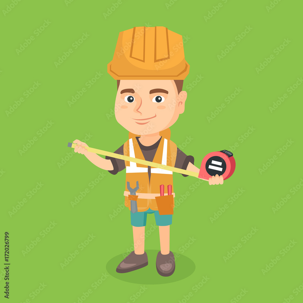 Little caucasian boy in protective hard hat using a measuring tape. Smiling boy in a helmet and vest playing in the builder with a measuring tape. Vector sketch cartoon illustration. Square layout.