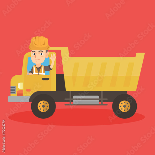 Little caucasian driver in protective hard hat and vest driving a dump truck. Young smiling boy dump truck driver in helmet sitting in the cab. Vector sketch cartoon illustration. Square layout.