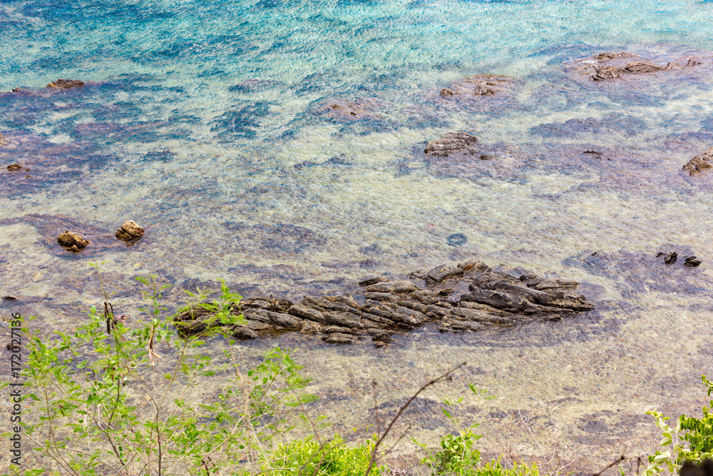Beautiful reef and coral in shallow blue sea in day time, high angle view of seascape Beautiful reef and coral in shallow blue sea in day time, high angle view of seascape