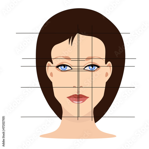 Vector face with lines showing facial proportions for cosmetology and drawing study in primitive style