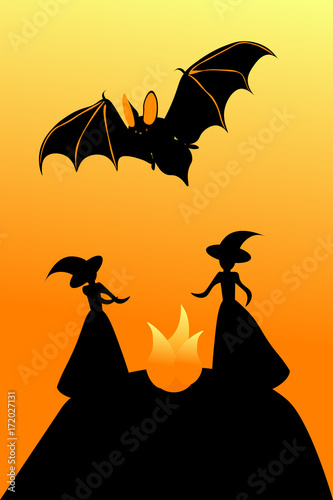 Witch sabbath and bat for halloween, vector illustration