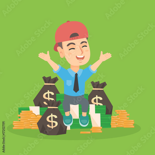 Caucasian cheerful boy kid wearing business suit and sitting among piles of money. Happy boy with stacked dollar bills, coins and sacks full of money. Vector cartoon illustration. Square layout