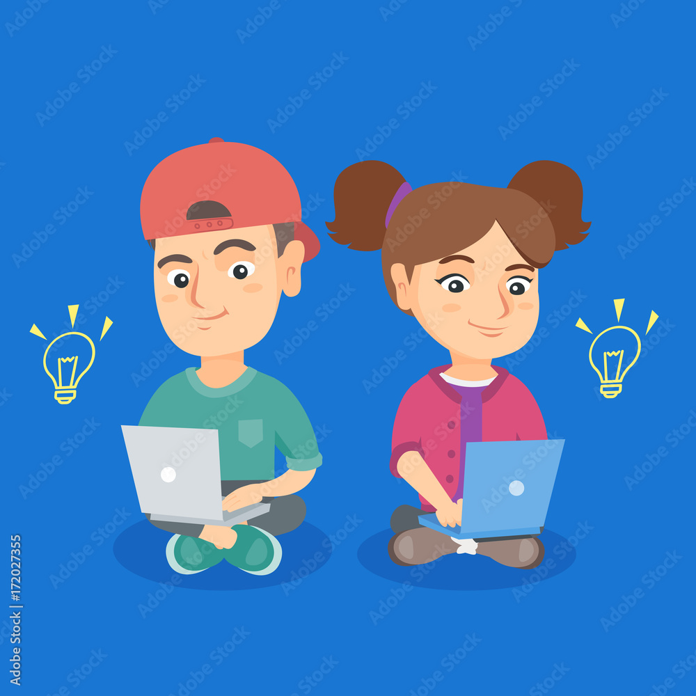 Little caucasian boy and girl working on laptops with idea light bulbs. Schoolboy and schoolgirl using laptops with creative idea light bulbs. Vector cartoon illustration. Square layout. Little caucasian boy and girl working on laptops with idea light bulbs. Schoolboy and schoolgirl using laptops with creative idea light bulbs. Vector cartoon illustration. Square layout.