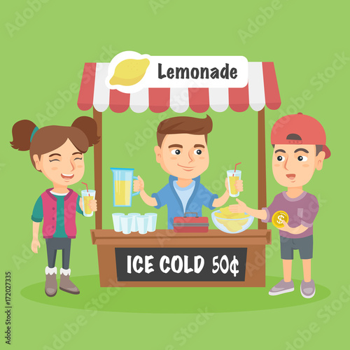 Little caucasian kid standing behind the stand and selling lemonade. Successful entrepreneur kid running his private business of selling lemonade. Vector cartoon illustration. Square layout.