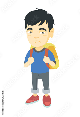 Little asian sad schoolboy  carrying a backpack. Full length of upset schoolboy with backpack. Vector sketch cartoon illustration isolated on white background.