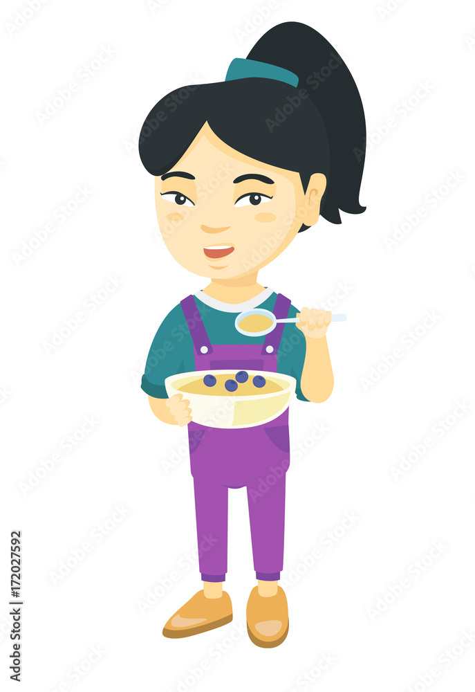 Little asian laughing girl drinking soda and eating cheeseburger. Smiling girl standing near the table with fast food. Vector sketch cartoon illustration isolated on white background. Little asian laughing girl drinking soda and eating cheeseburger. Smiling girl standing near the table with fast food. Vector sketch cartoon illustration isolated on white background.