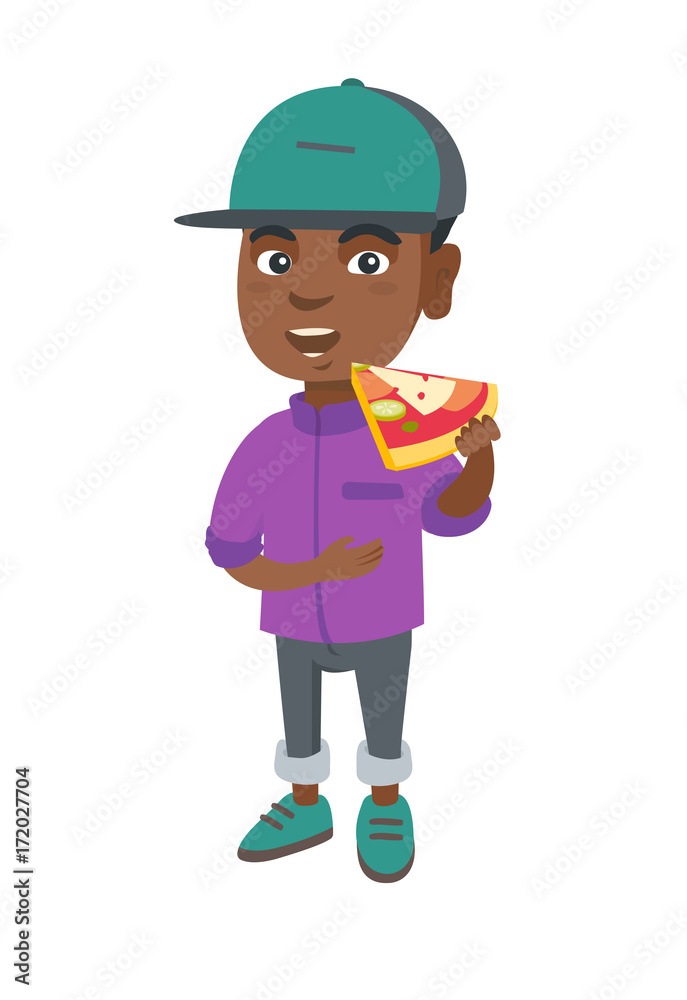 Cheerful african-american boy eating tasty pizza. Full length of little boy holding a piece of pizza in hand and stroking his belly. Vector sketch cartoon illustration isolated on white background