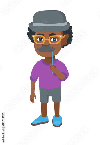 Little african-american boy wearing hat bowler and holding fake moustache on a stick in front of his face. Boy with fake mustache. Vector sketch cartoon illustration isolated on white background.