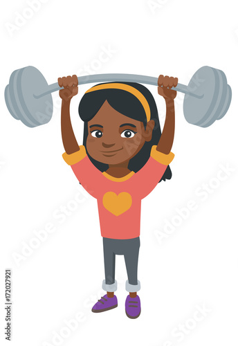 Strong african child lifting a heavy weight barbell. Little girl in sportswear training with barbell. Happy girl holding a barbell. Vector sketch cartoon illustration isolated on white background.