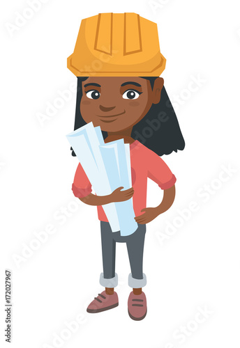 Little african engineer girl wearing hard hat and holding paper plans in hands. Smiling engineer girl in helmet holding blueprints. Vector sketch cartoon illustration isolated on white background.