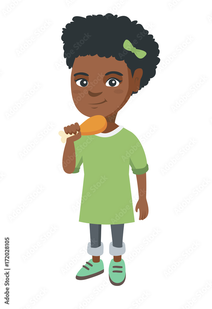 African girl eating roasted chicken leg. Little girl eating fried chicken  leg. Full length of happy child holding a chicken drumstick. Vector sketch  cartoon illustration isolated on white background. Stock Vector |