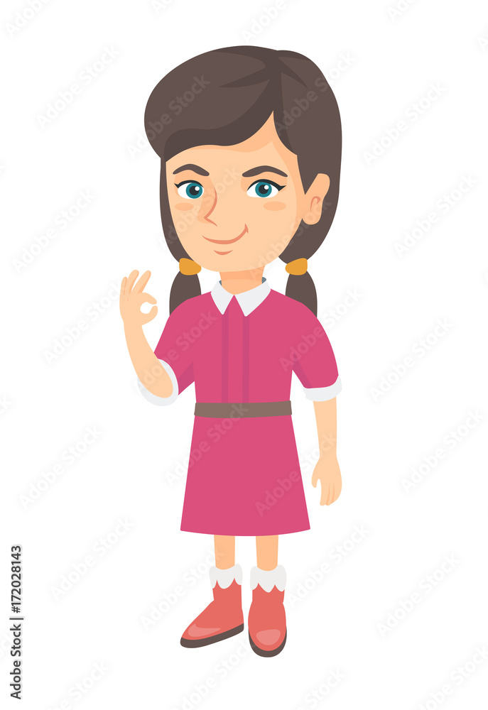 Caucasian little smiling girl showing an ok sign. Happy girl making an ok sign. Cheerful girl gesturing an ok sign. Vector sketch cartoon illustration isolated on white background. Caucasian little smiling girl showing an ok sign. Happy girl making an ok sign. Cheerful girl gesturing an ok sign. Vector sketch cartoon illustration isolated on white background.