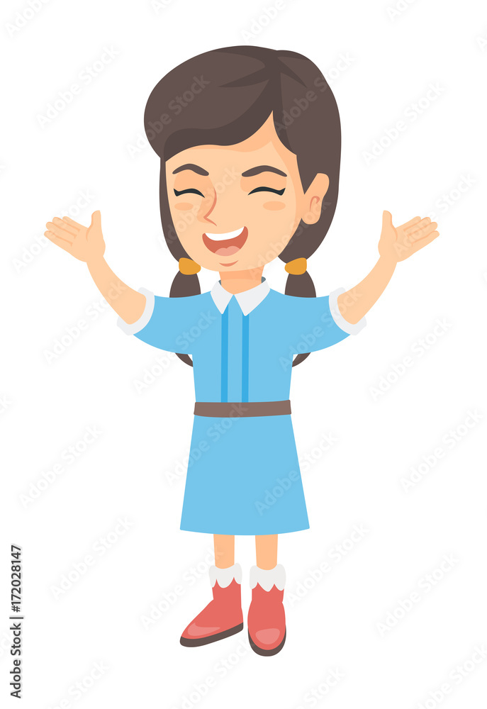 Cheerful caucasian girl standing with hands raised in the air. Full length of happy girl raising her hands and celebrating success. Vector sketch cartoon illustration isolated on white background. Cheerful caucasian girl standing with hands raised in the air. Full length of happy girl raising her hands and celebrating success. Vector sketch cartoon illustration isolated on white background.