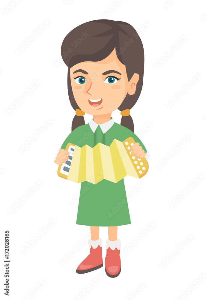Caucasian smiling girl playing the accordion. Full length of little cheerful girl with the accordion. Vector sketch cartoon illustration isolated on white background. Caucasian smiling girl playing the accordion. Full length of little cheerful girl with the accordion. Vector sketch cartoon illustration isolated on white background.