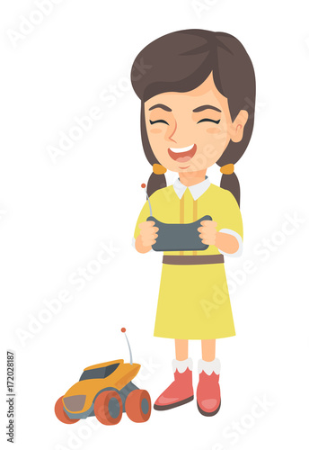 Caucasian cheerful girl playing with a radio-controlled car. Girl holding remote control and playing with the electric car. Vector sketch cartoon illustration isolated on white background.