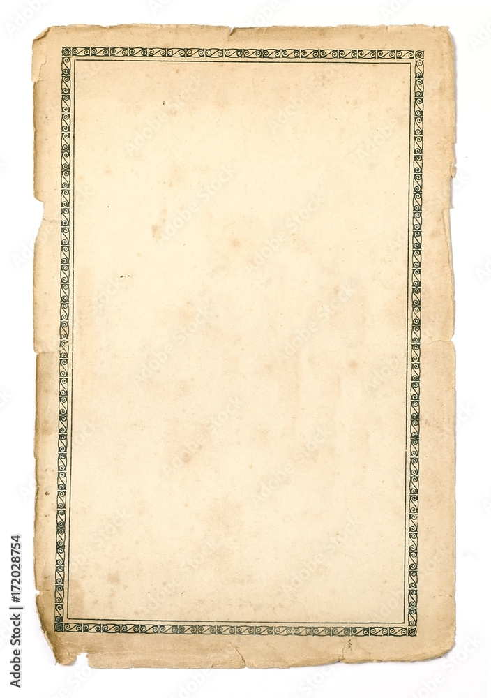 Blank old paper sheet with border on white background