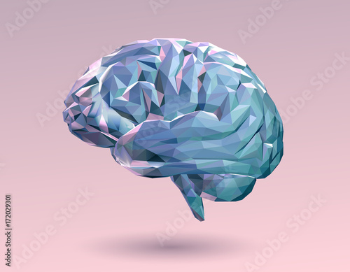 Colorful pastel low poly brain on pink BG