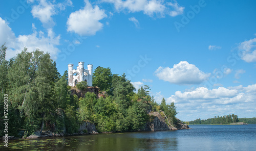 Panorama of the island with a white tower on top