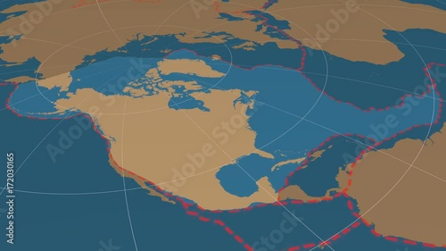 North American tectonic plate extruded and rotated against the map in the Azimuthal Equidistant projection. Solids