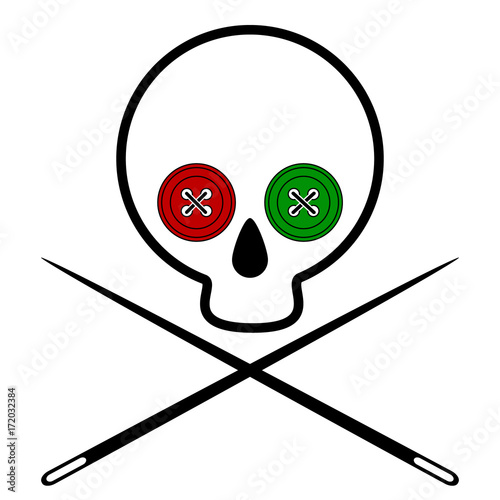 Icon skull voodoo. Skull with eye sockets sewn into place with colored buttons. Crossed needle. White background. Isolated. Vector Image.