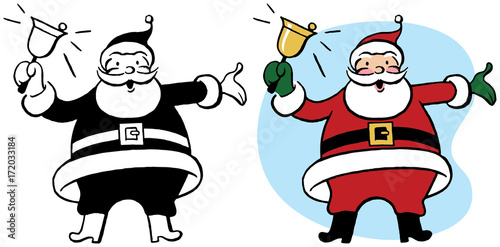 Santa Claus rings a brass Christmas bell.