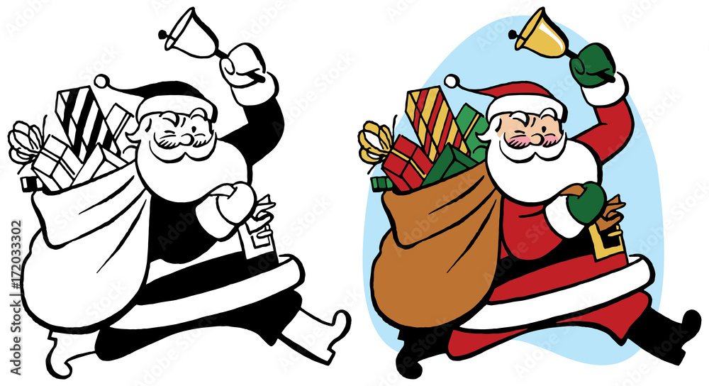 Santa Claus rings a Christmas bell as he delivers a sack of presents.