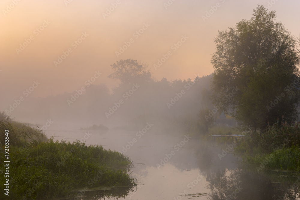 eautiful, misty morning on the river in the summer eautiful, misty morning on the river in the summer