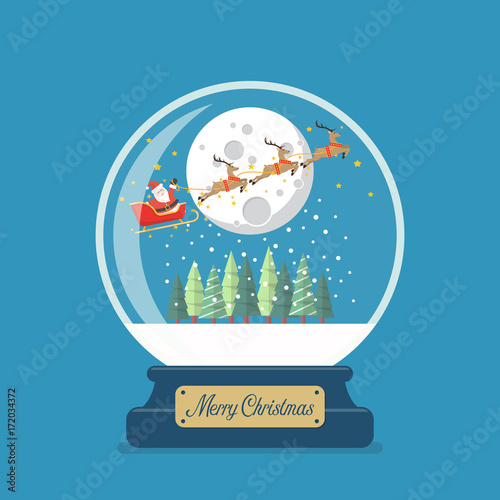 Merry christmas glass ball with Santa sleigh against the moon. Vector illustration