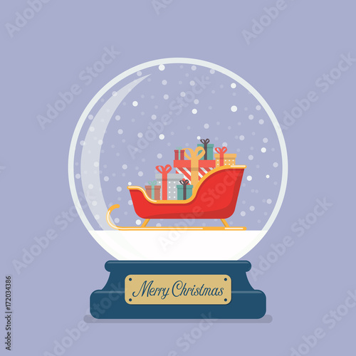 Merry christmas glass ball with Santa sleigh containing a full of presents