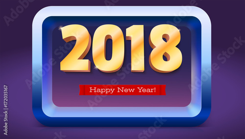 Happy New Year 2018. Volumetric numbers from gold. Red banner with text. Golden glittering, shining text. Greeting card, poster, brochure or flyer template. Vector 3D illustration.