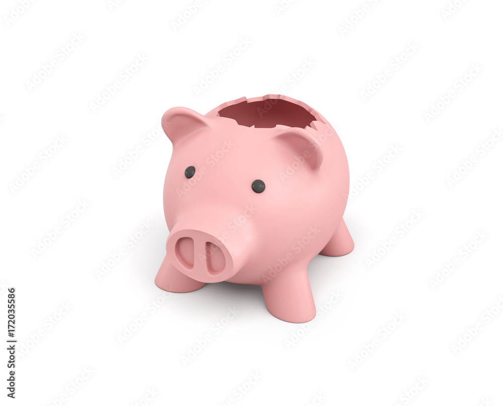 3d rendering of a pink ceramic piggy bank with a broken top on white background.